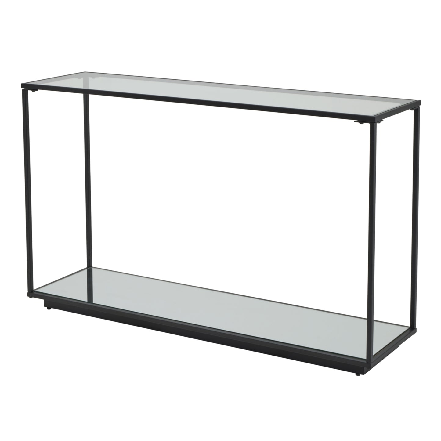Black framed console table with mirrored table top glass