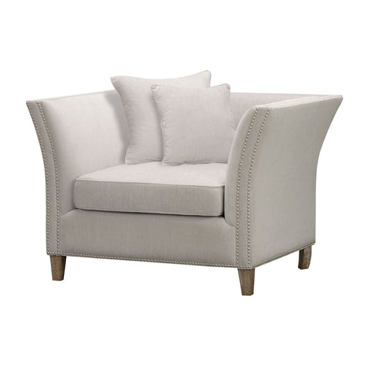 soft grey fabric arm chair with stud detailing