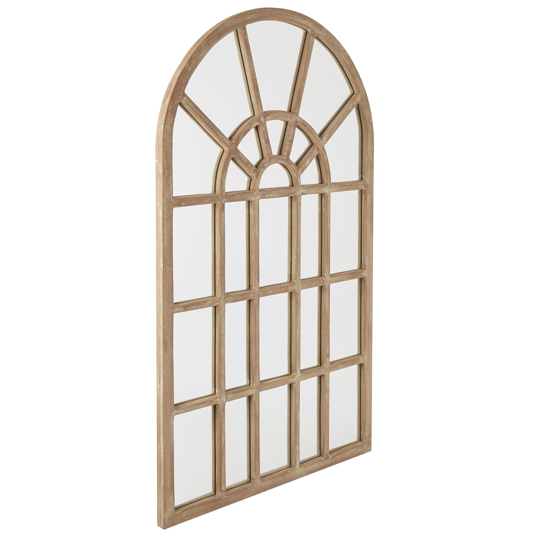 A generously sized arched wall mirror hand crafted from hard wood