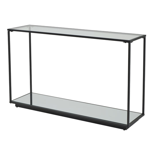 Black framed console table with mirrored table top glass