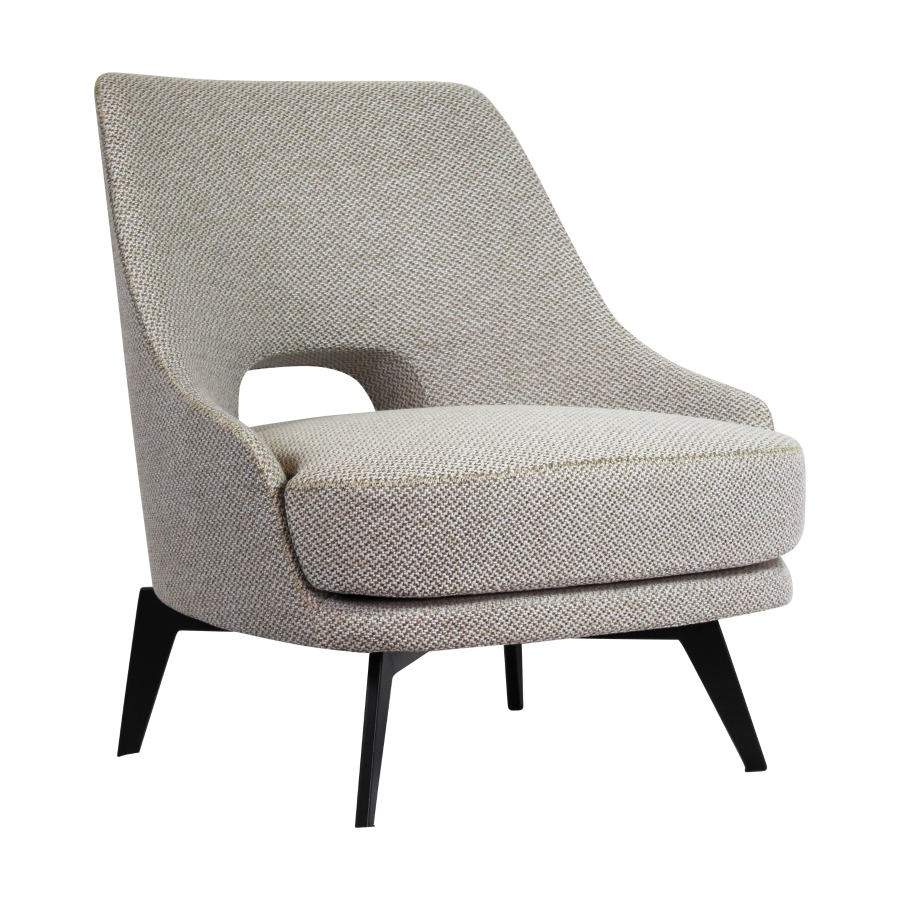 Armchair upholstered in beige fabric with black powder-coated legs.