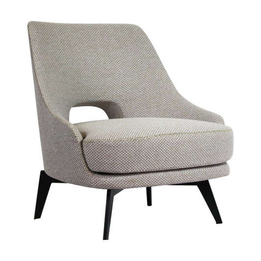 Armchair upholstered in beige fabric with black powder-coated legs.