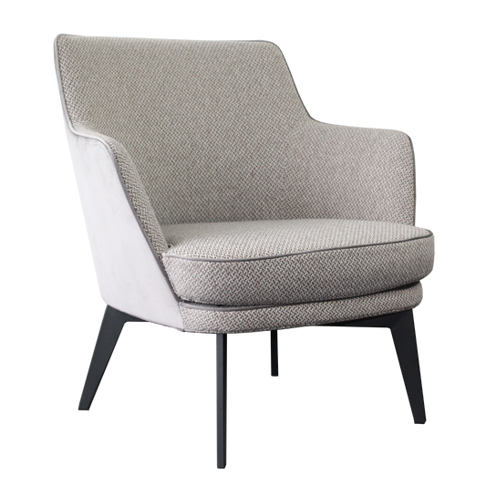 Chair upholstered in beige fabric fitted with black powder-coated metal legs.