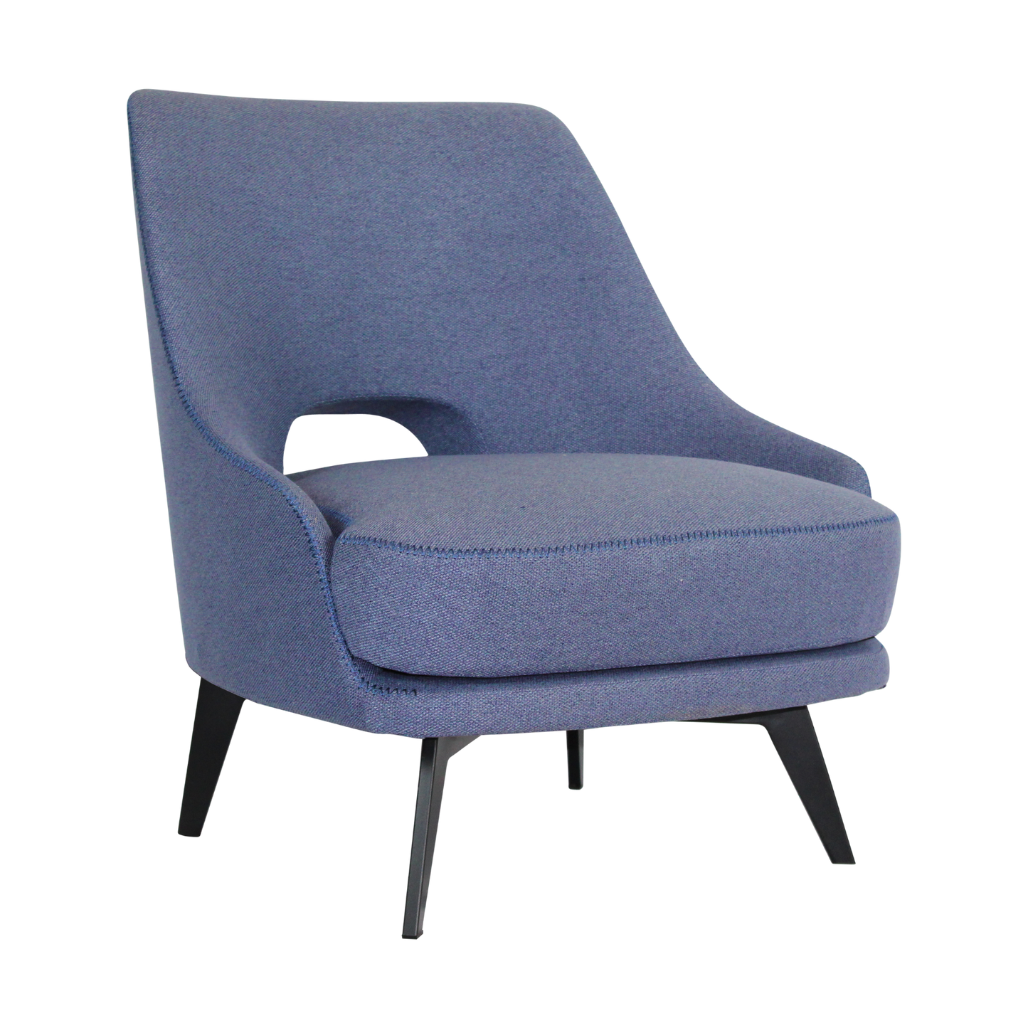 Armchair in blue fabric with black powder-coated metal legs