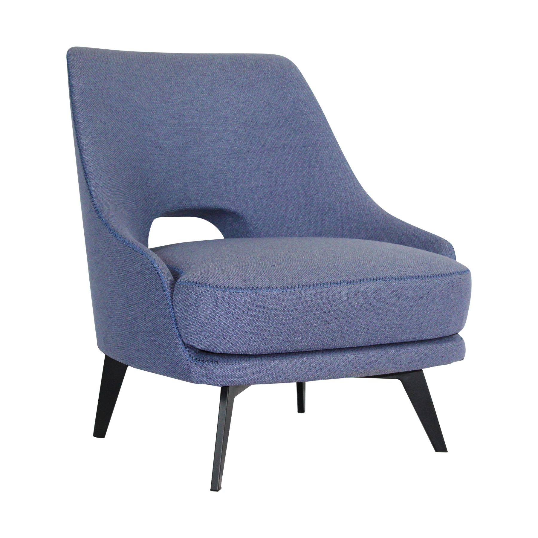 Armchair in blue fabric with black powder-coated metal legs