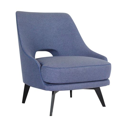 Armchair in blue fabric with black powder-coated metal legs