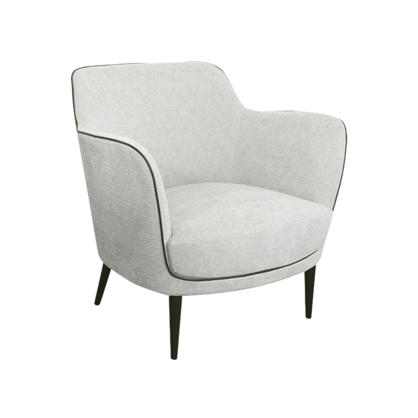 Armchair upholstered in rich cream cotton style fabric with black piping. Features black powdercoated metal feet. 