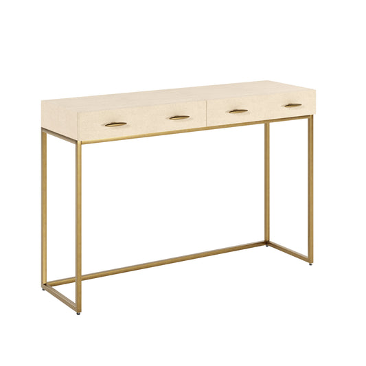 Two drawer ivory console table, faux shagreen, antique brass style handles and legs, drawers on metal runners, walnut style wood on inside of drawers, handles and base require assembl