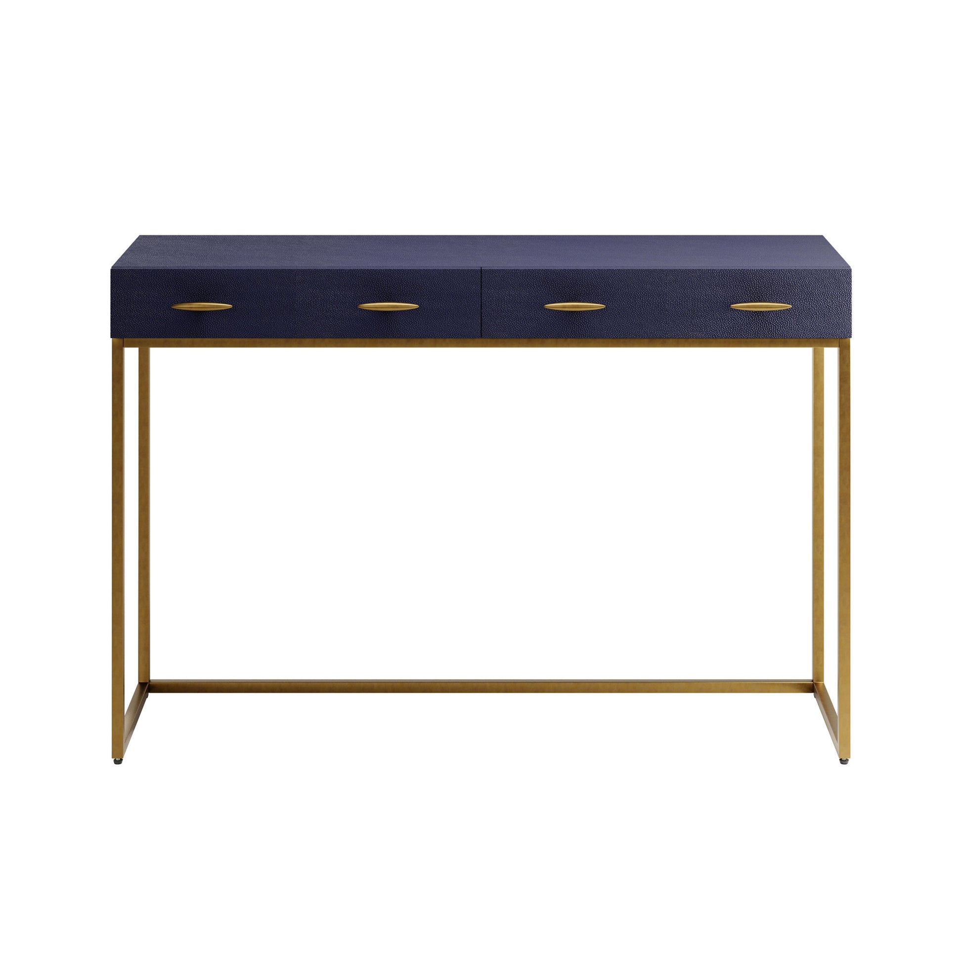 The WILLERSLEY CONSOLE is a two-drawer navy console table with faux shagreen and antique brass style handles and legs