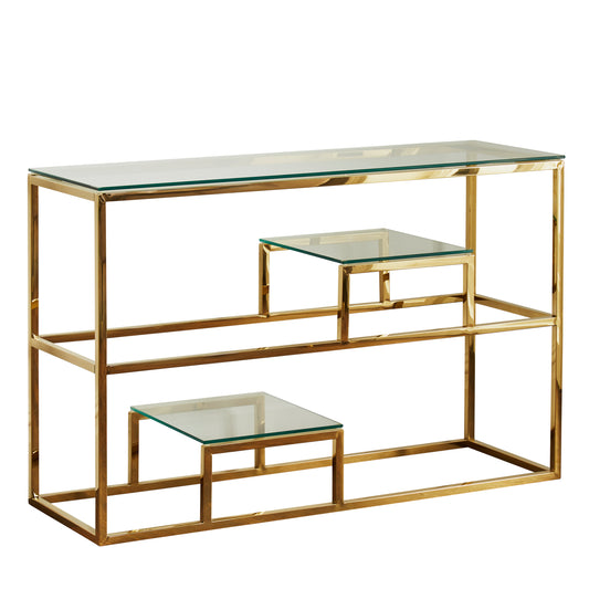 Display stack console table. Finished with golden plated stainless steel