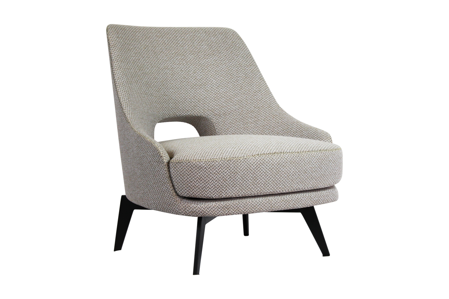 Armchair upholstered in beige fabric with black powder-coated legs.