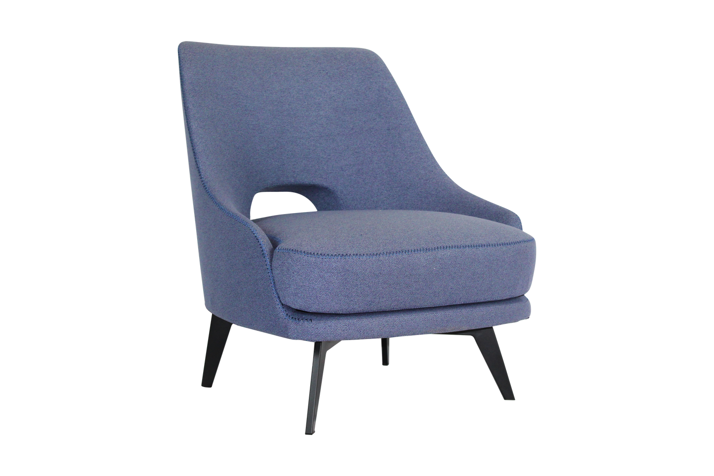 Armchair in blue fabric with black powder-coated metal legs