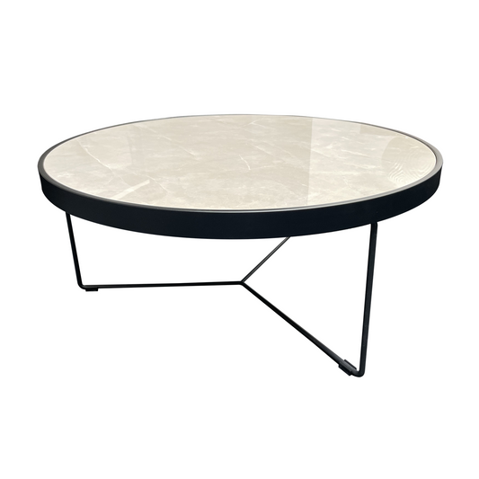 Coffee table with porcelain stone top and black powder coated steel frame. 