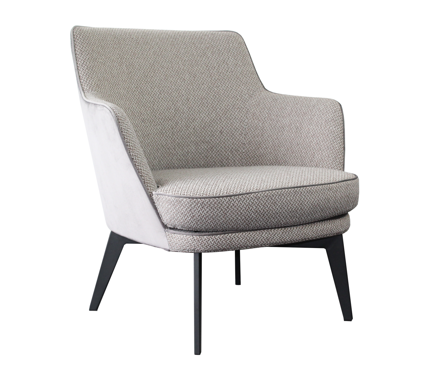 Chair upholstered in beige fabric fitted with black powder-coated metal legs.