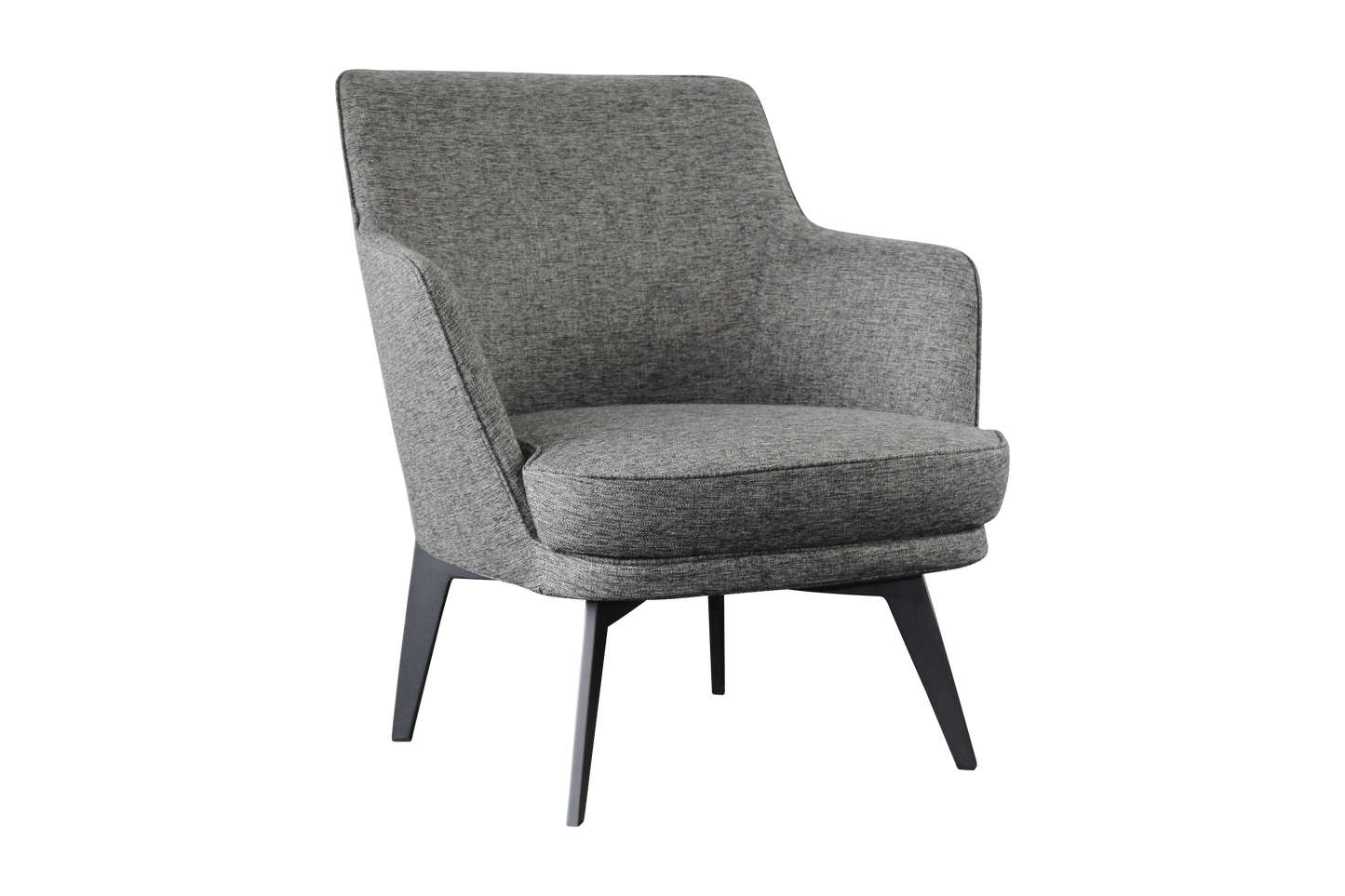 Chair upholstered in grey fabric fitted with black powder-coated metal legs.