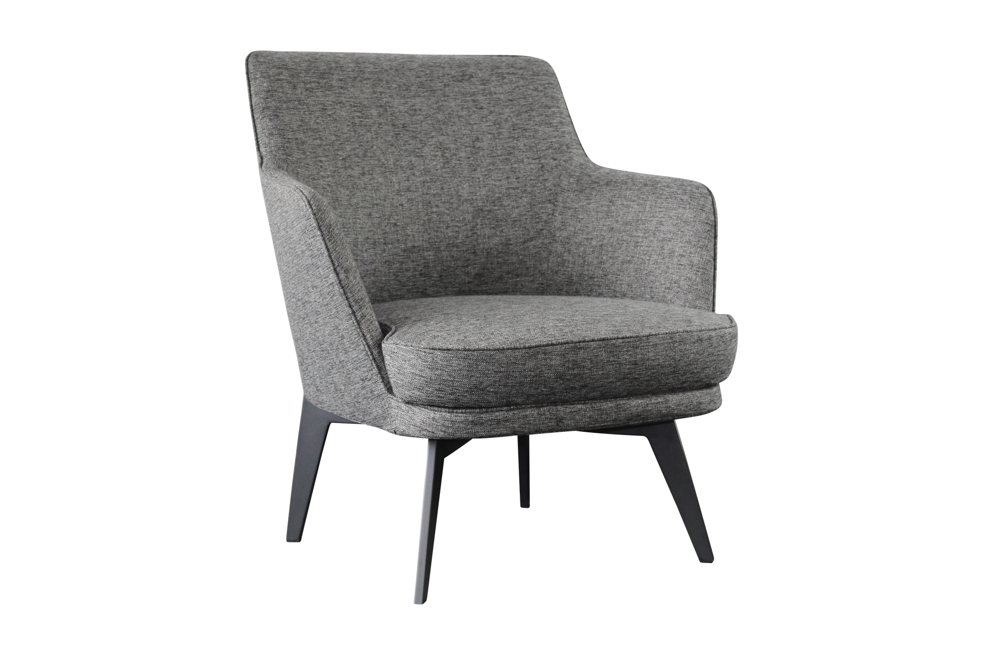 Chair upholstered in grey fabric fitted with black powder-coated metal legs.