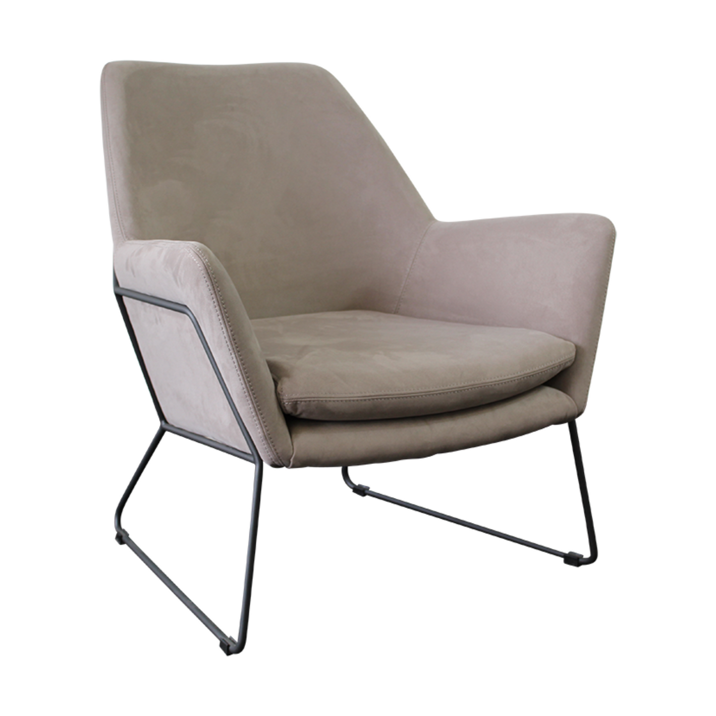 Armchair upholstered in a grey soft velvet fabric. Features a black powdercoated metal frame base and legs.