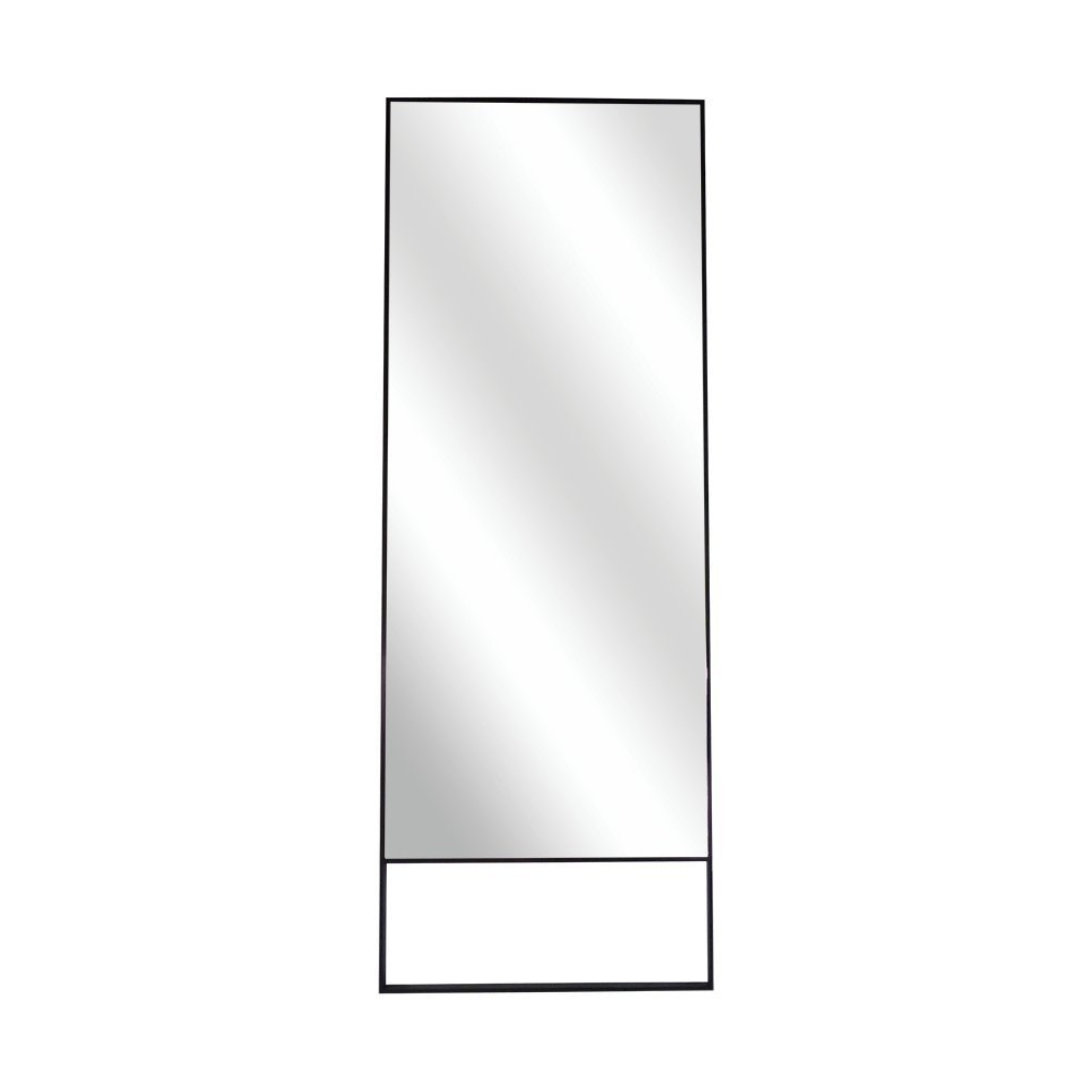 Freestanding mirror with black powder-coated metal mirror frame.