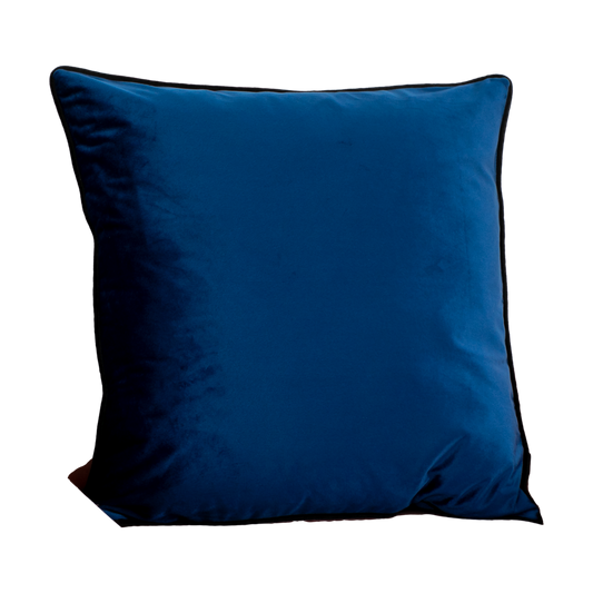 Blue piped velvet cushion