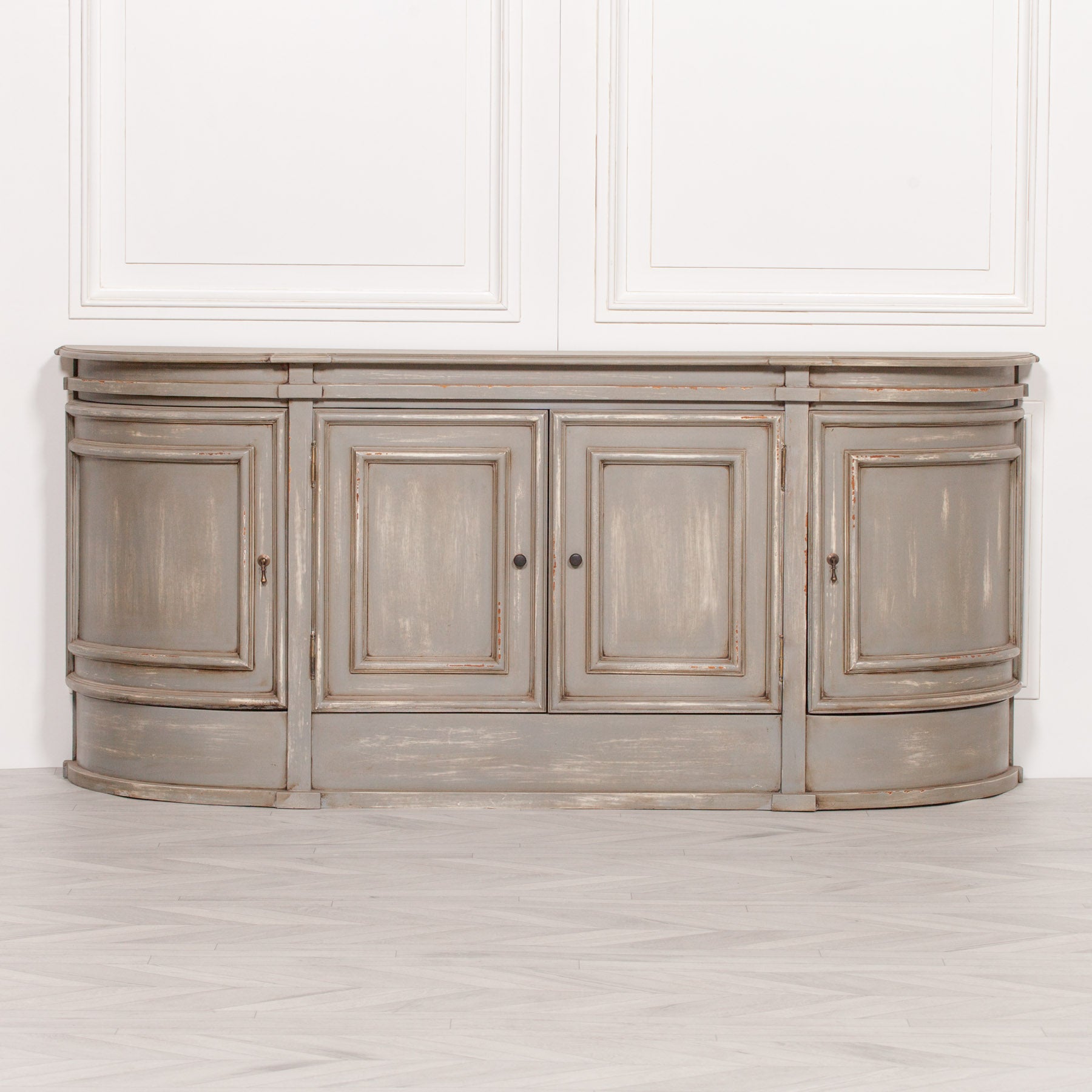 distressed grey aged finish sideboard