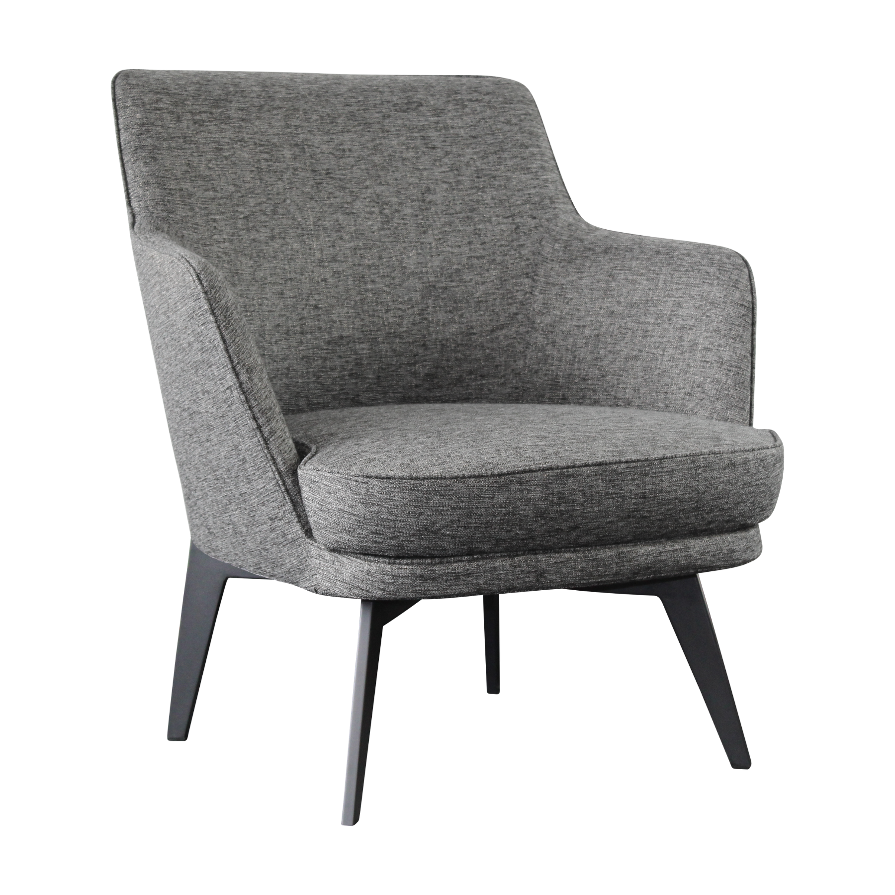 Chair upholstered in grey fabric fitted with black powder-coated metal legs.