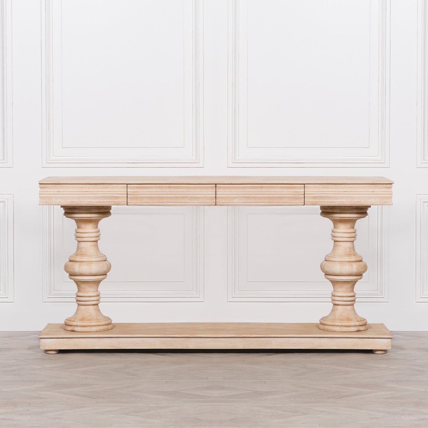 MANGO WOOD CONSOLE TABLE, crafted from mango wood and decorated with hand-carved intricately detailed column legs with two drawers