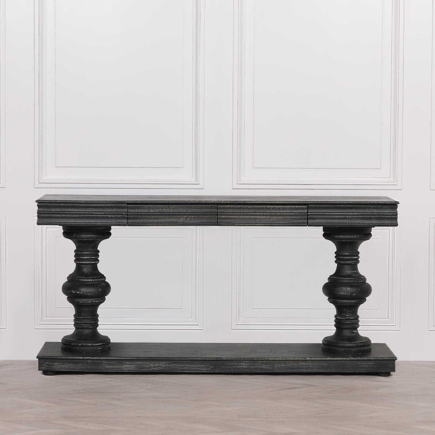 180cm Distressed Black Painted Wooden Console Table handcrafted from mango wood with two drawers