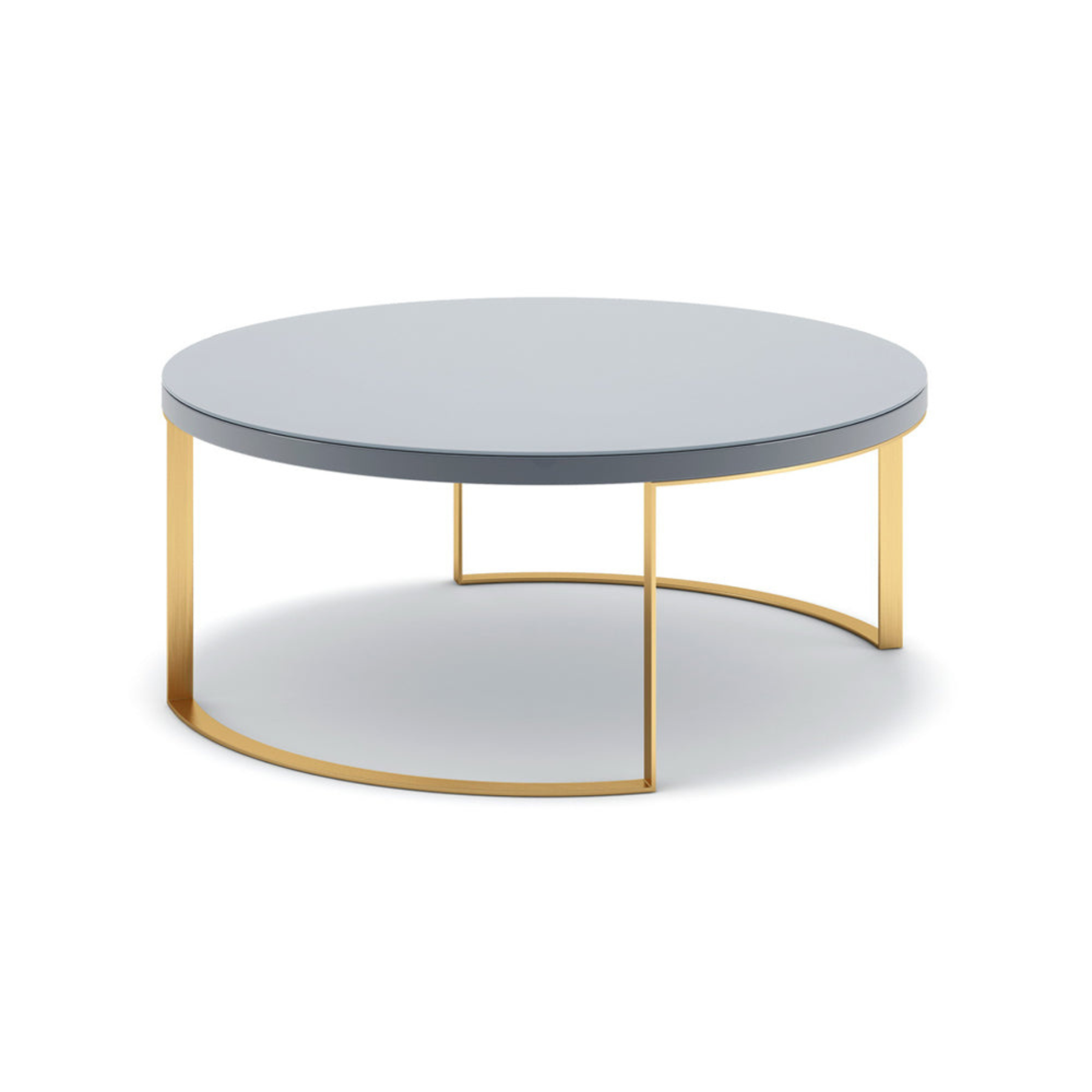 Coffee table with gold painted steel legs and a grey lacquer top.