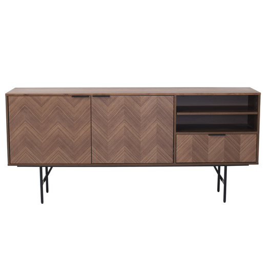 Sideboard with a walnut veneer carcass and walnut patterned doors with black metal legs.