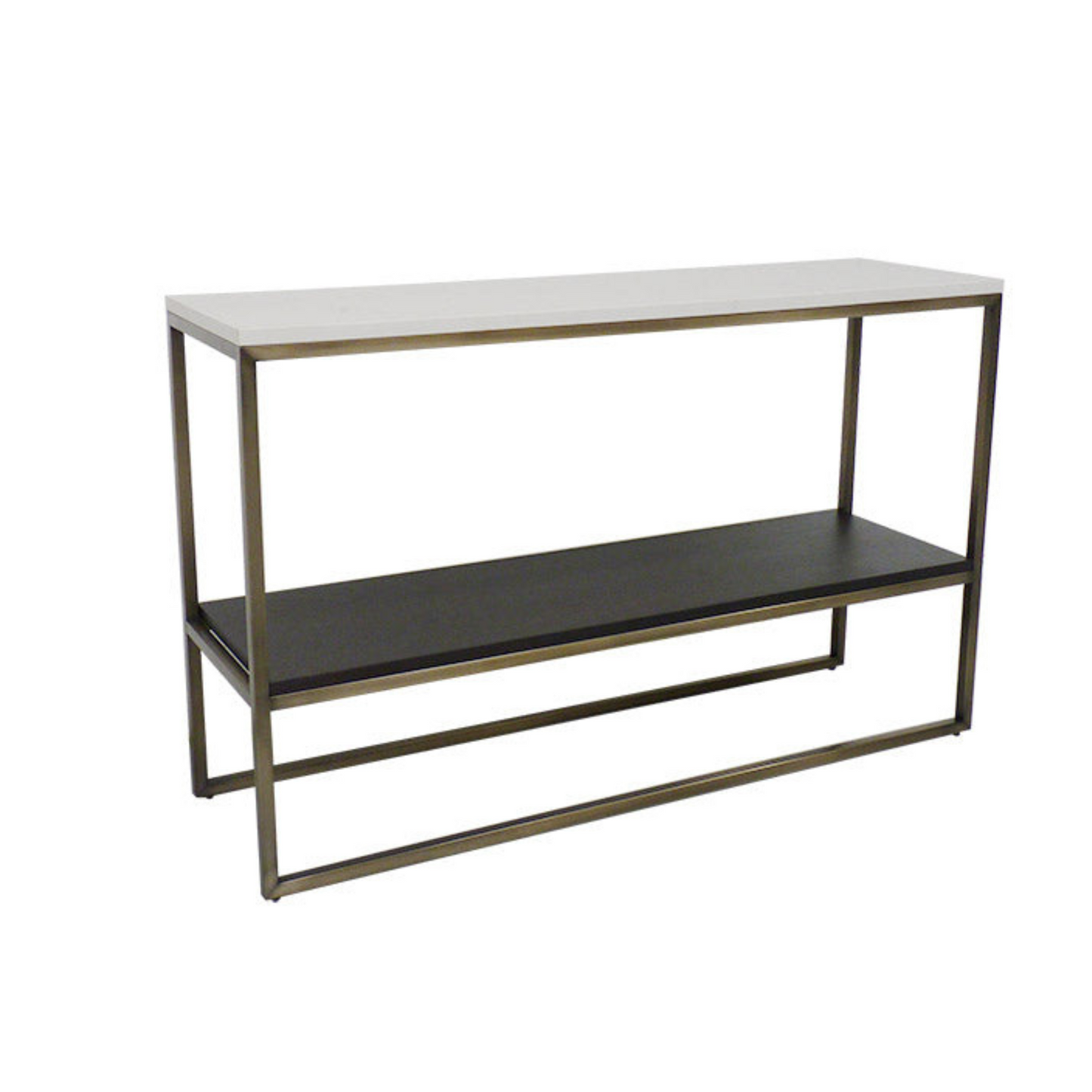 Console table antique brass frame, jazz white quartz top and dark wood veneer shelf. 