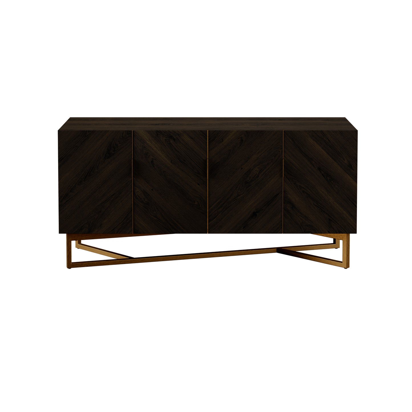 four-door sideboard, crafted in MDF and veneer and finished with a Tobin bronze seam and Tobin bronze painted steel base