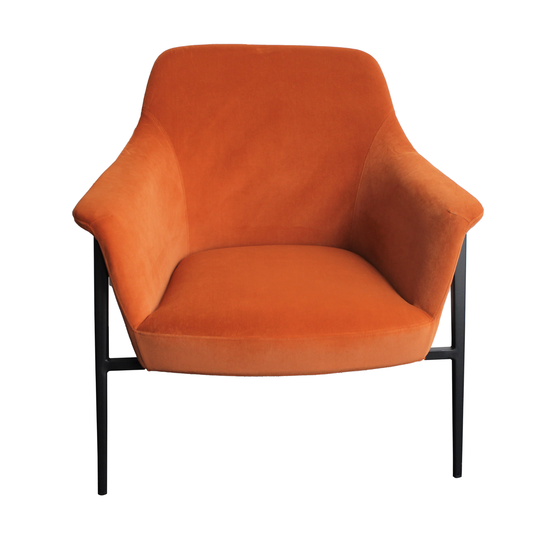 Armchair upholstered in rich burnt orange velvet. Features a black powder-coated metal frame base and legs.  