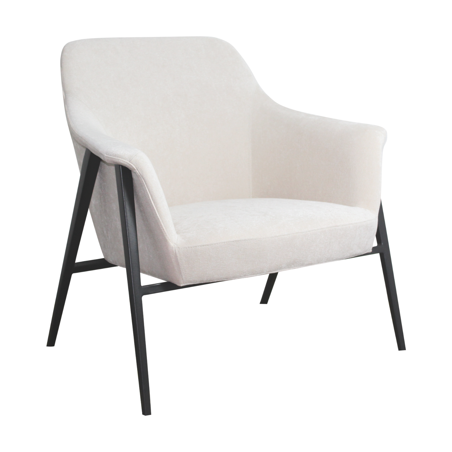 Armchair upholstered in off white cotton fabric. Features a black powdercoated metal frame base and legs.