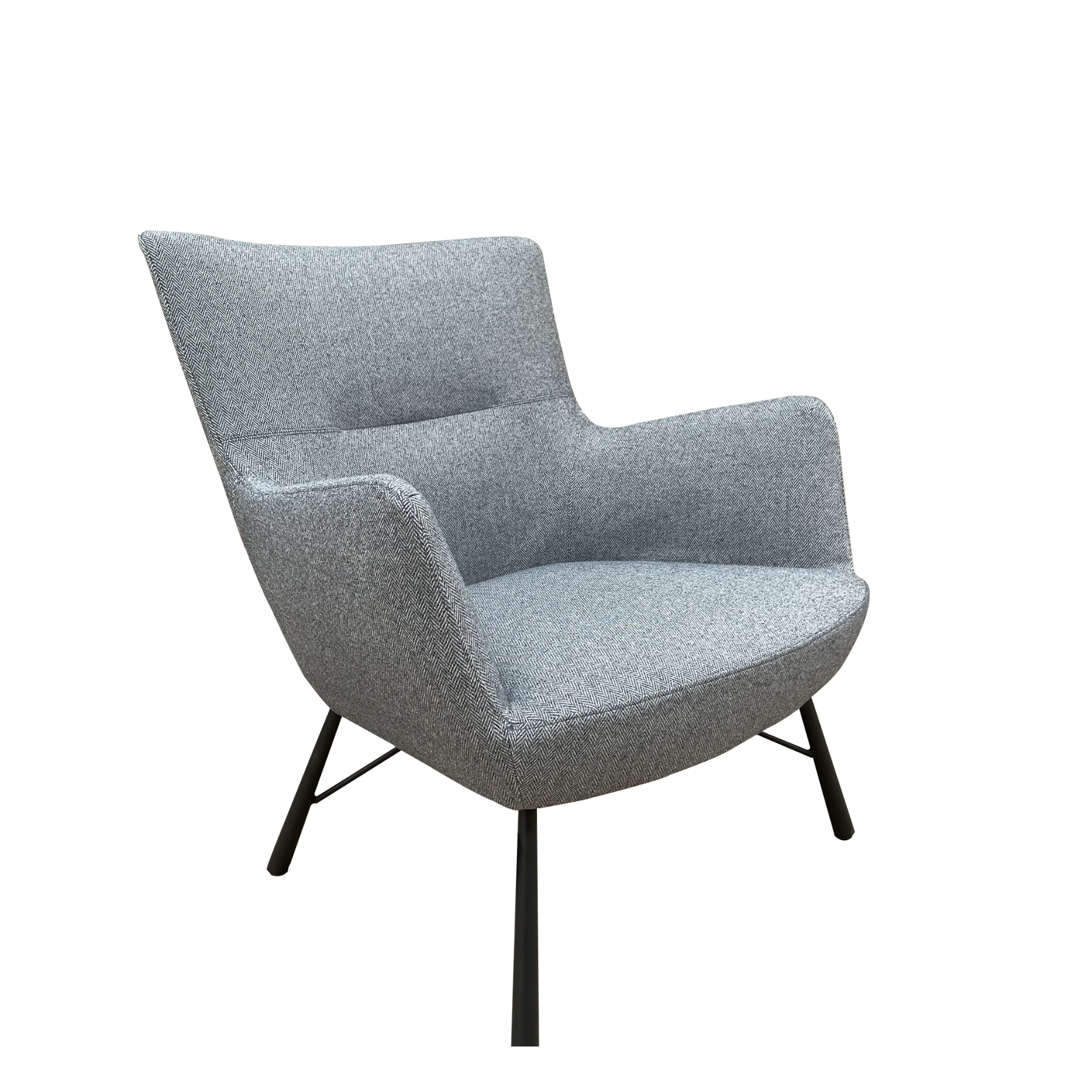 Chair upholstered in grey fabric with black powder-coated legs.