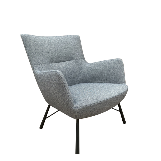 Chair upholstered in grey fabric with black powder-coated legs.