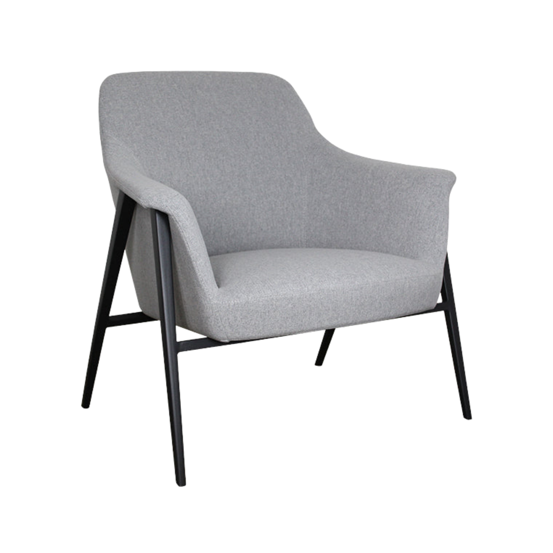 Armchair upholstered in light grey cotton fabric. Features a black powder-coated metal frame, base and legs.