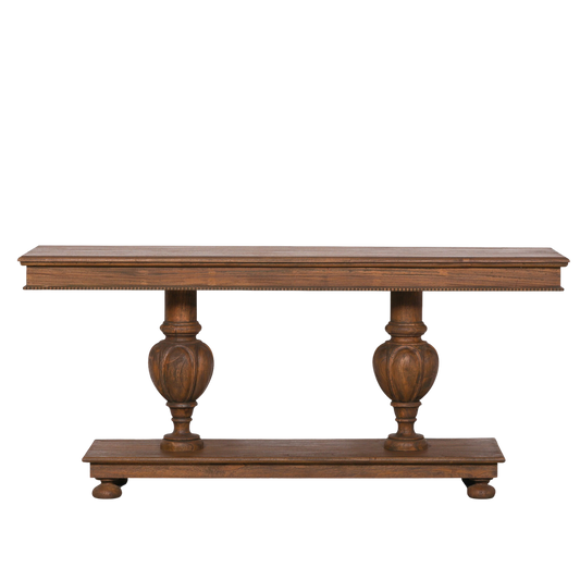 brown console table is crafted with white cedar for a rustic look