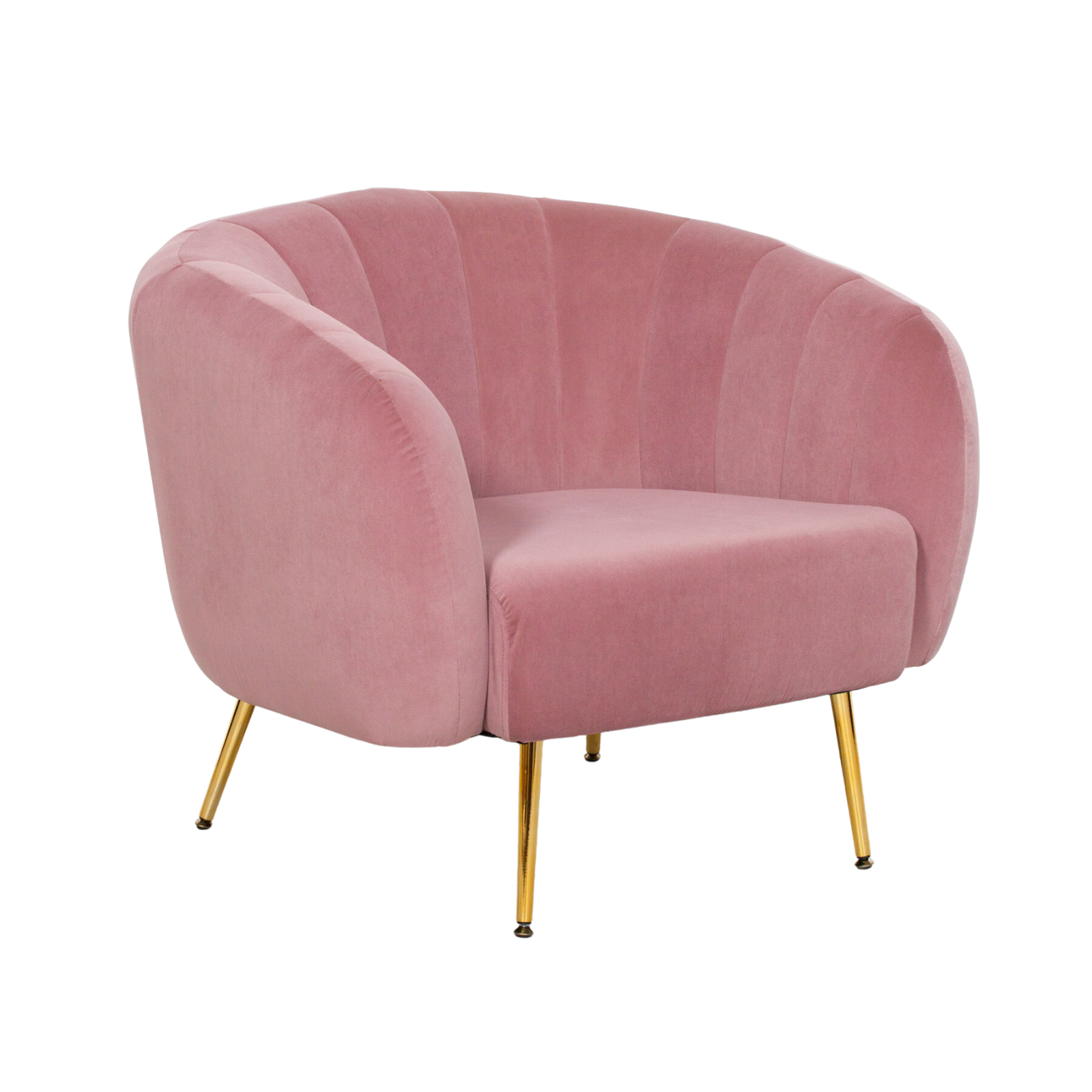 The SHELL ACCENT CHAIR offers bold luxury for any modern living space. Upholstered in pink velvet with comfortable ribbed details, it's finished with sturdy metal gold plated legs