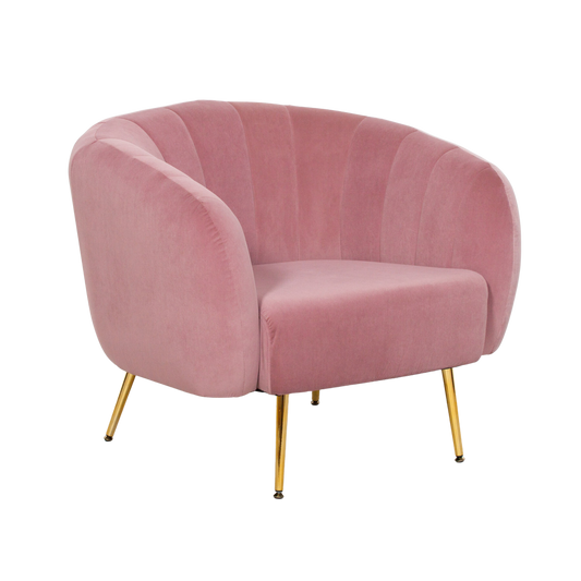 The SHELL ACCENT CHAIR offers bold luxury for any modern living space. Upholstered in pink velvet with comfortable ribbed details, it's finished with sturdy metal gold plated legs