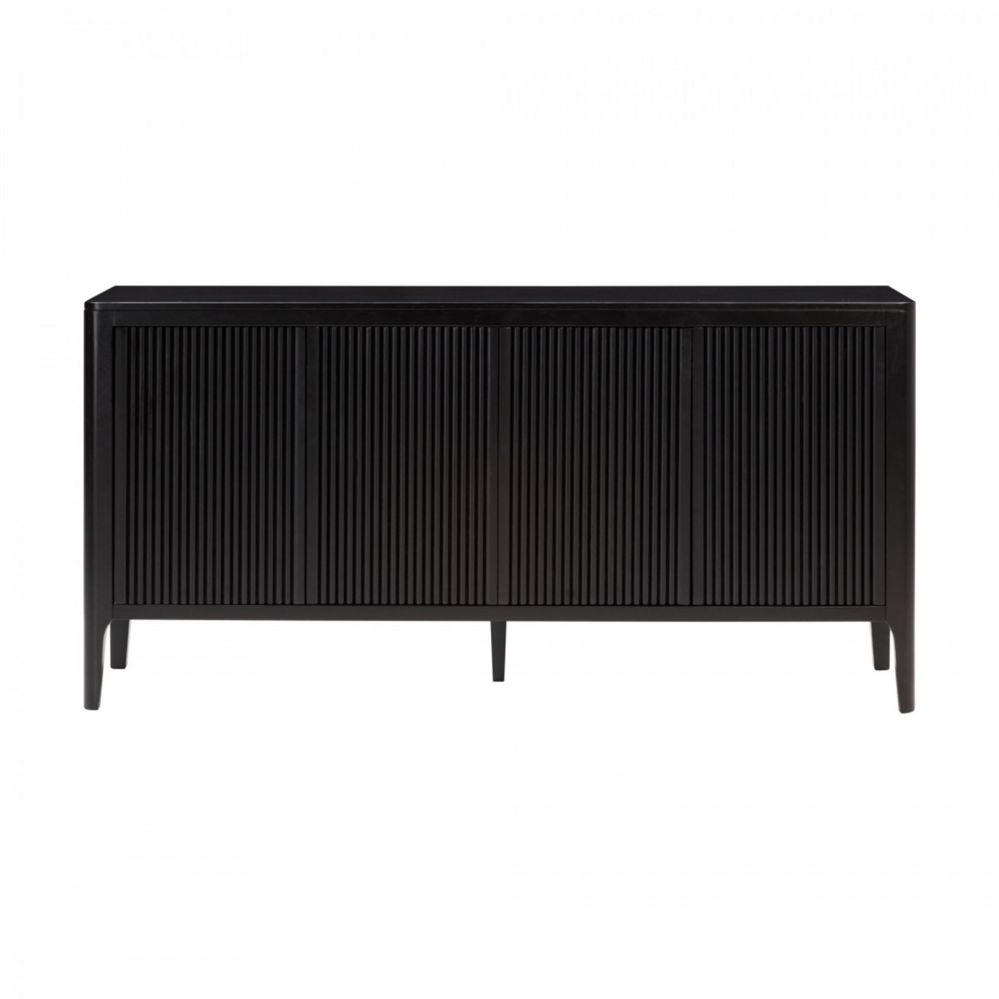 Four door black sideboard, oak and oak veneer, visible grain with ribbed design at front. Removable shelving.