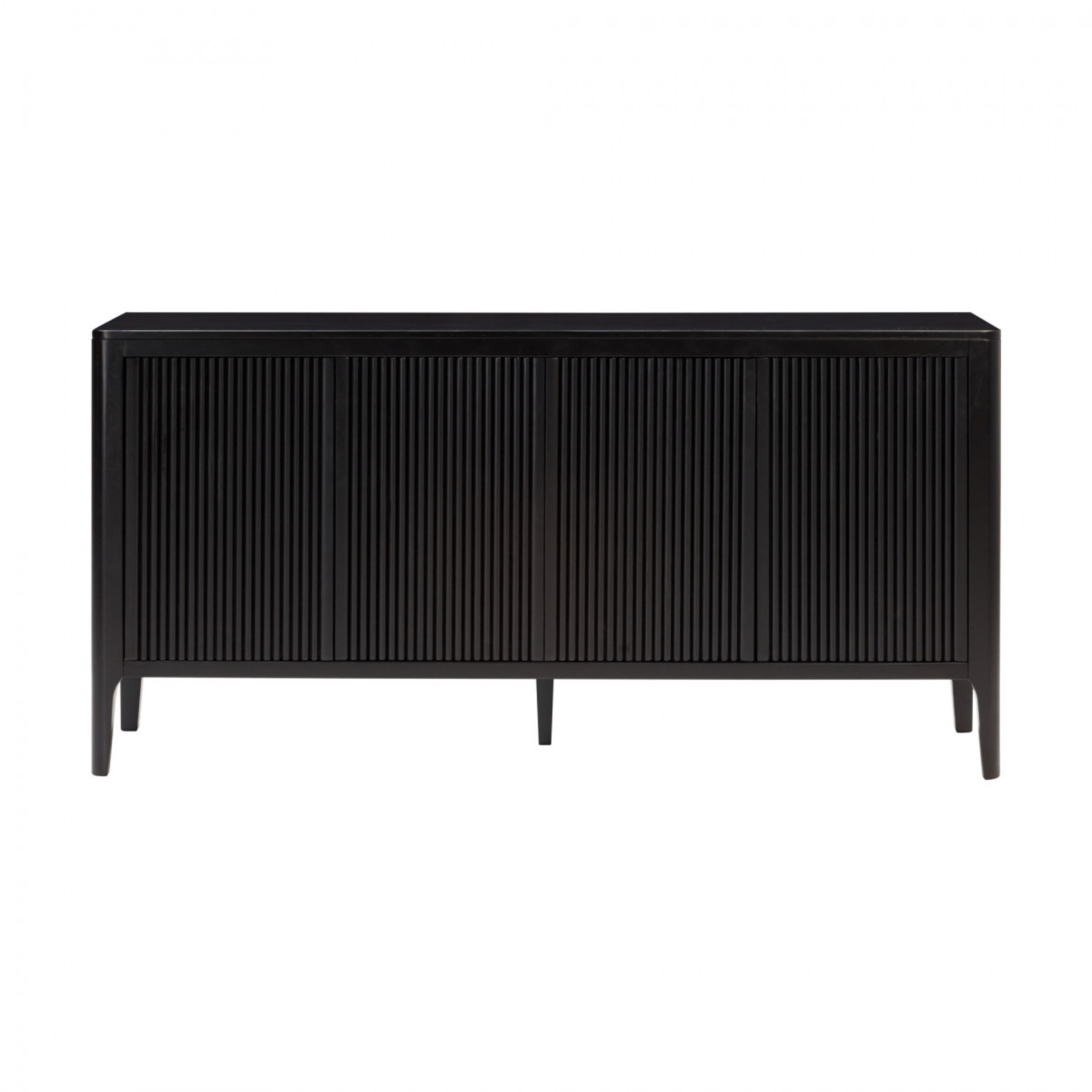 Four door black sideboard, oak and oak veneer, visible grain with ribbed design at front. Removable shelving.