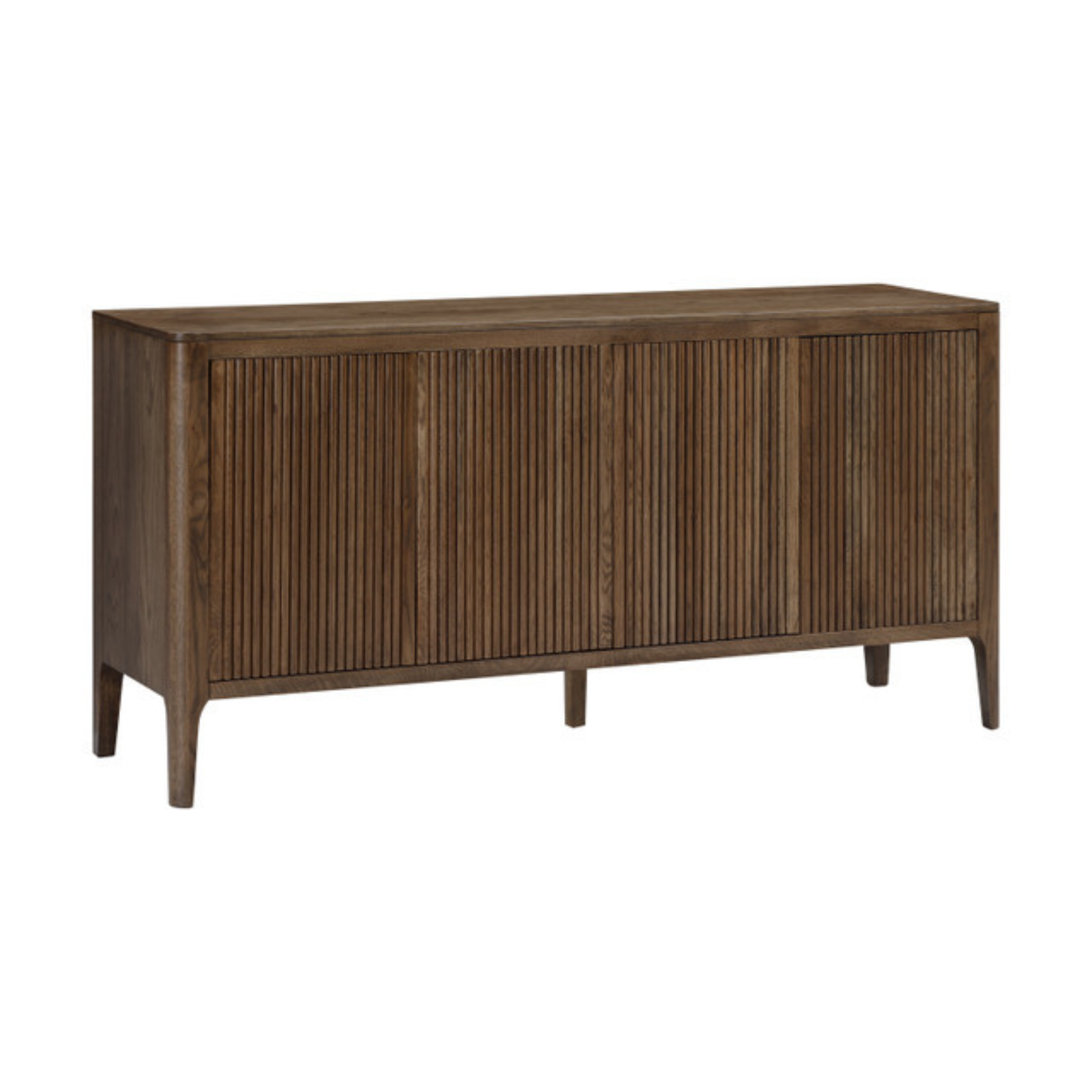 Four door brown sideboard, oak and oak veneer, visible grain with ribbed design at front. Removable shelving.