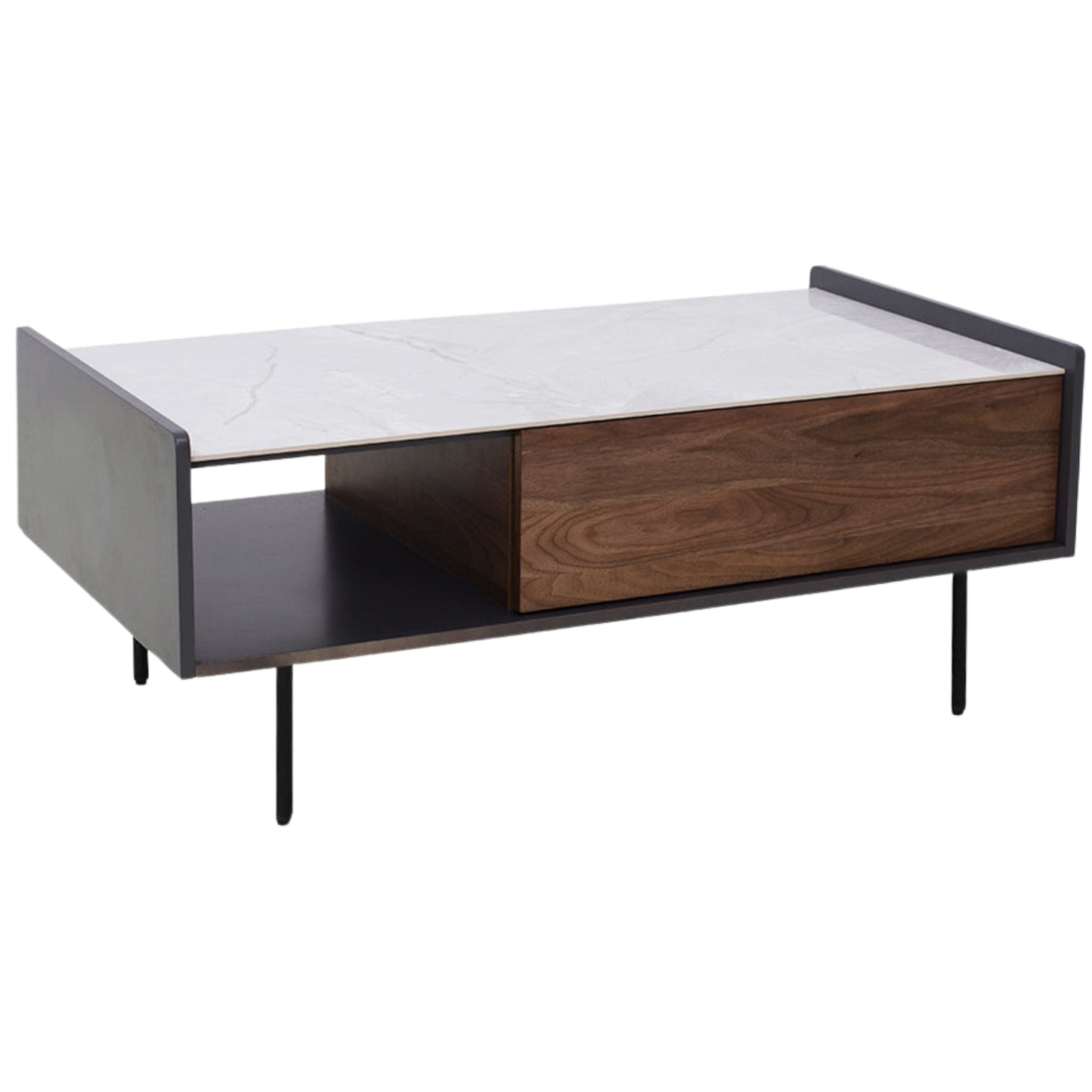 Coffee table with white ceramic top, a walnut drawer, a matte grey body, and black powder-coated legs.