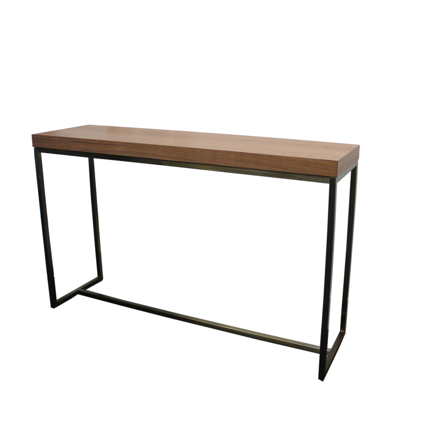 Console table with a walnut veneer finish with stainless steel legs. 