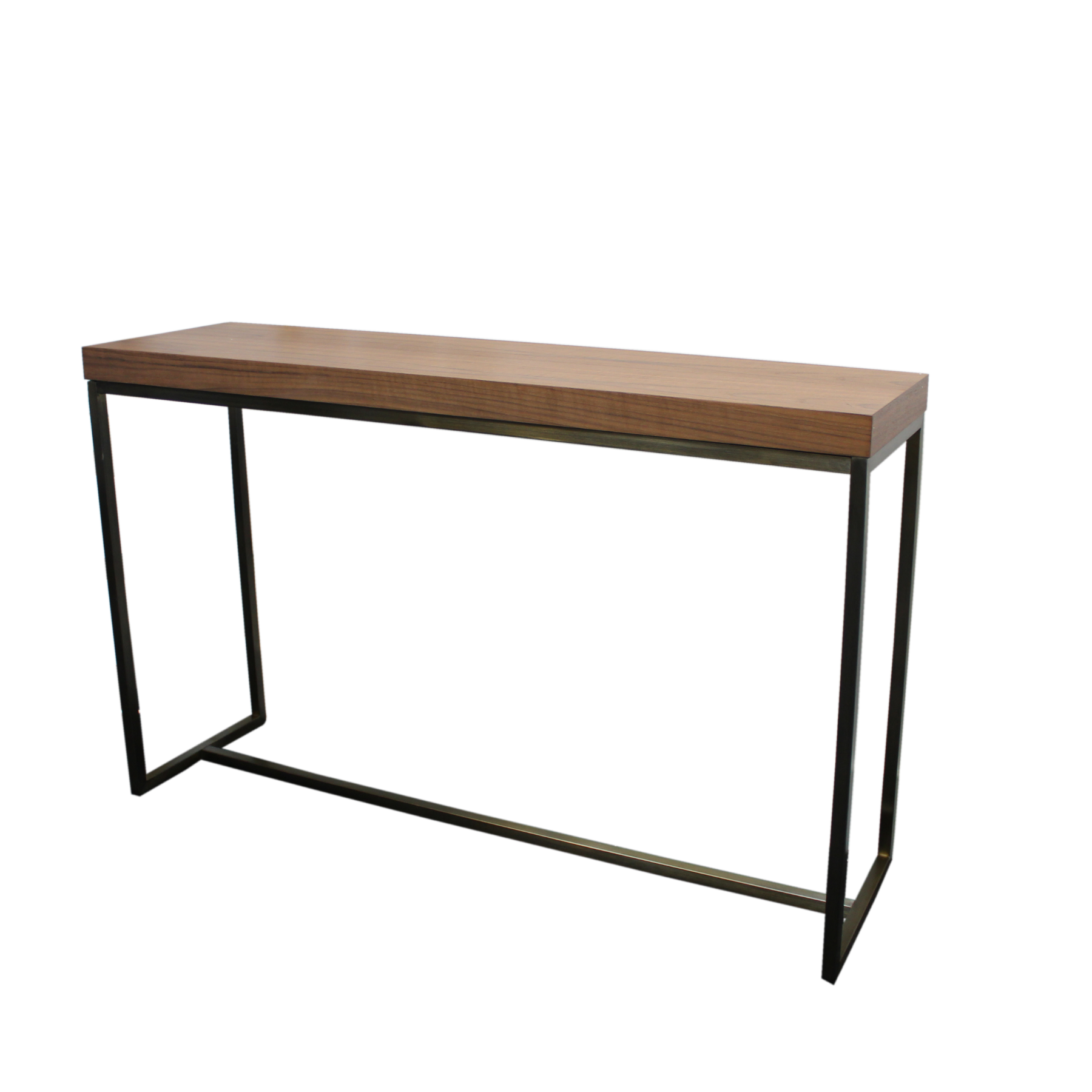 Console table with a walnut veneer finish with stainless steel legs. 