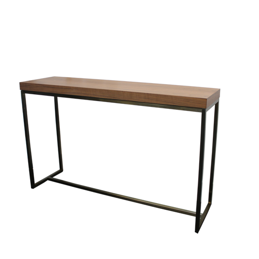 Console table with a walnut veneer finish with stainless steel legs. 