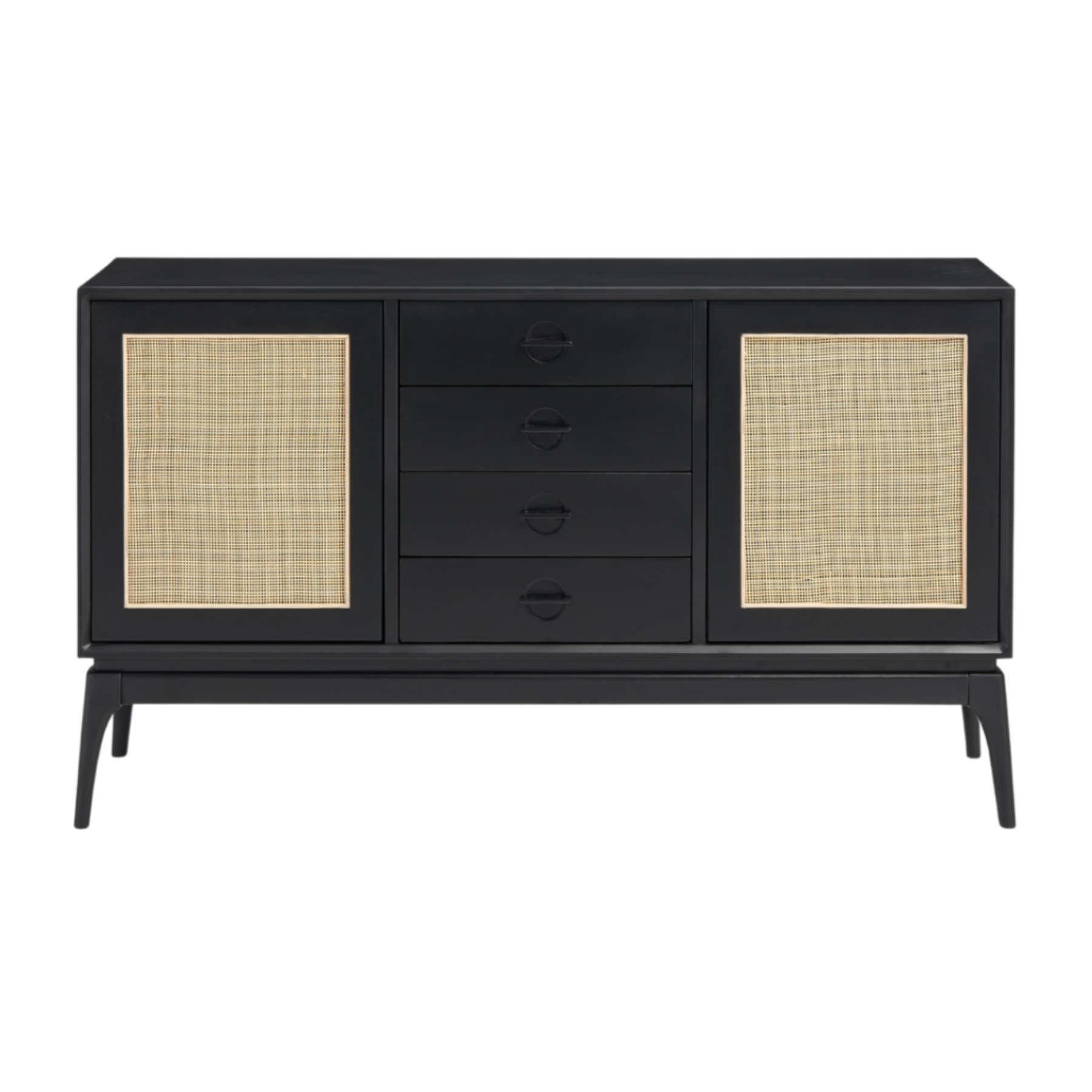 sleek black frame and rattan woven weave sideboard