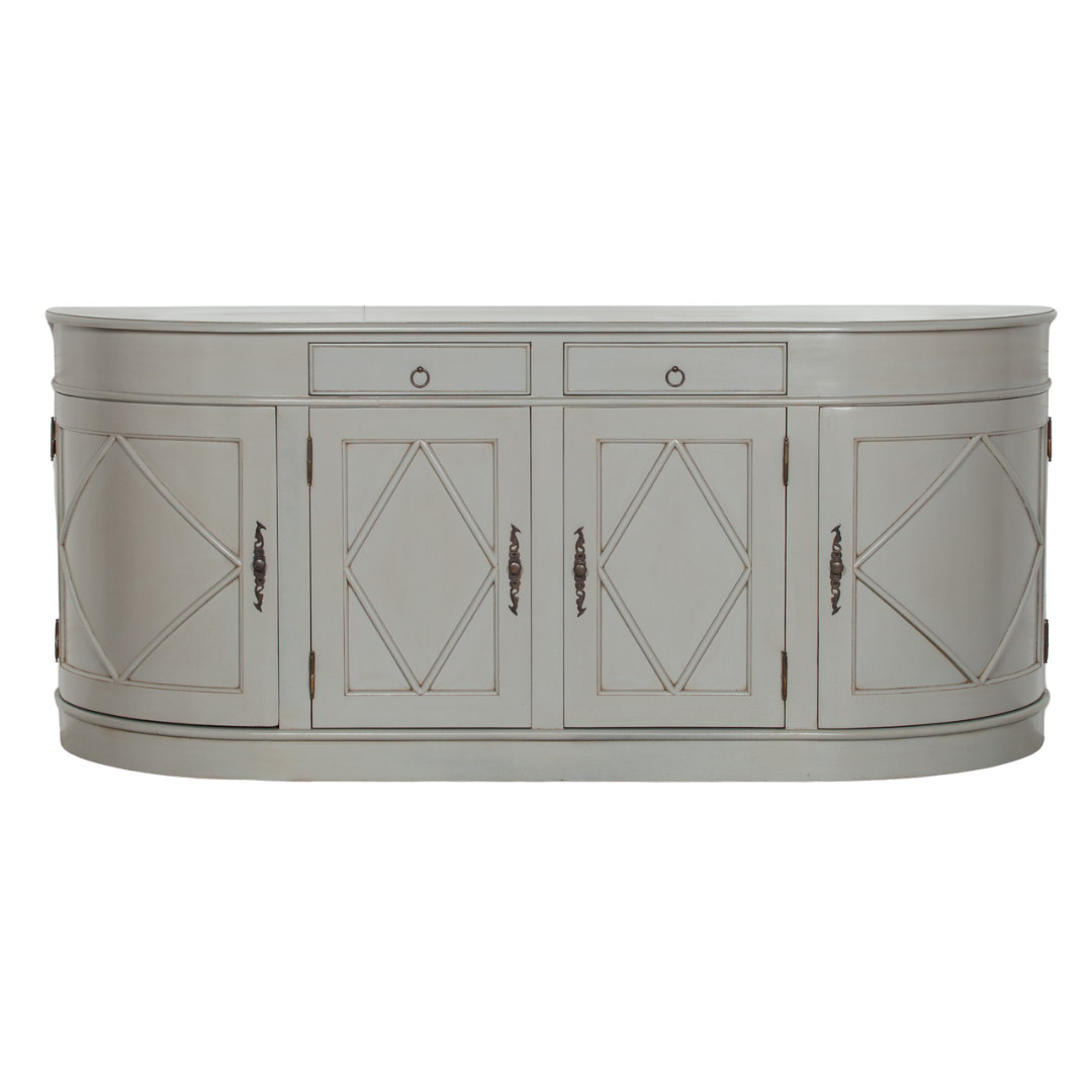 sideboard with French classical design, grey painted finish, and geometric detailing