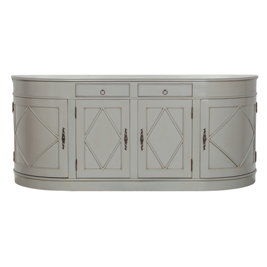 sideboard with French classical design, grey painted finish, and geometric detailing