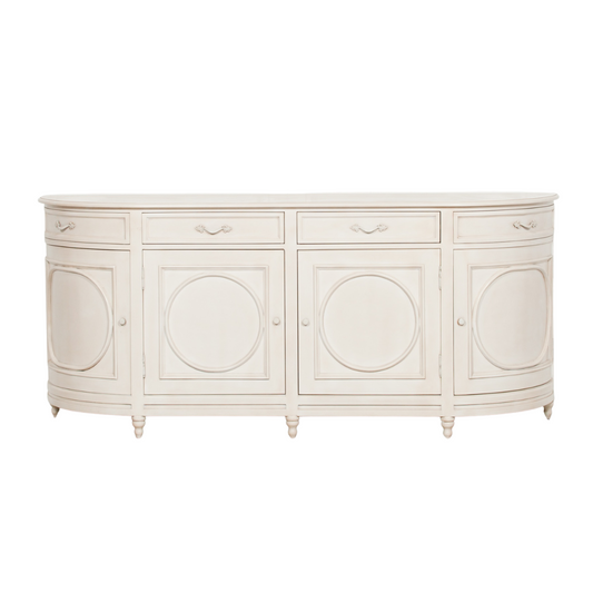 SIDEBOARD aged ivory finish paired with ornate detailing across the door panels and handles